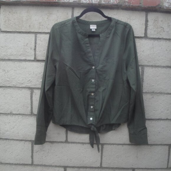 A New Day Womens Shirt Size XL Olive Green Long Sleeve Tie Front Button Down - Picture 3 of 7